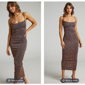 Sparkle Brown Ruched Midi Dress